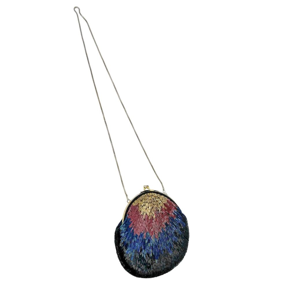 La Regale Seed Beaded Ombré Clamshell Evening Bag Kisslock Purse Chain Strap
